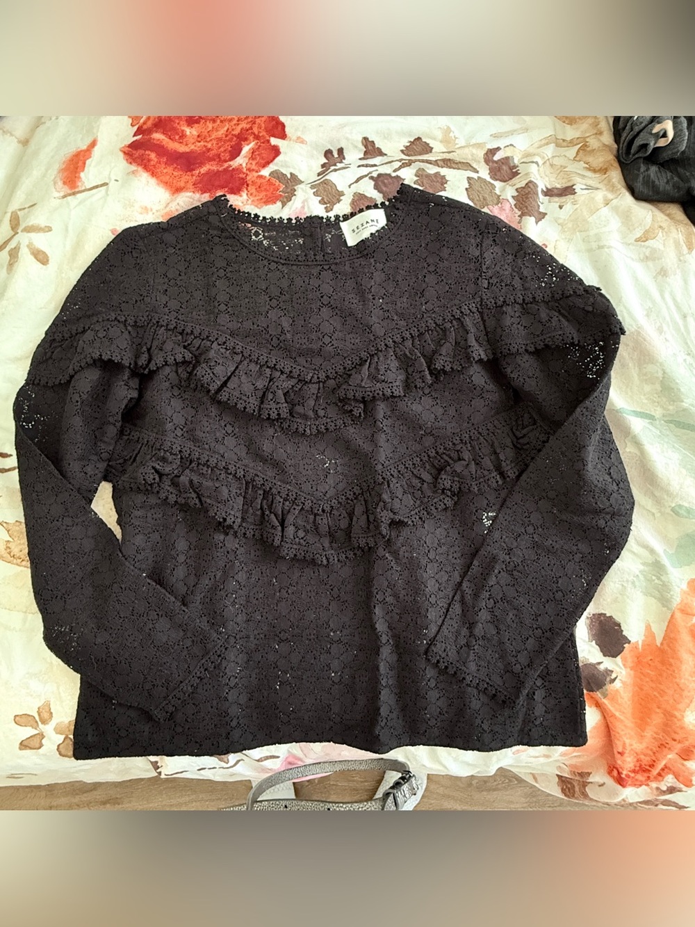 Sezane Black Lace Ruffle Long-Sleeve Blouse size 36 S/XS